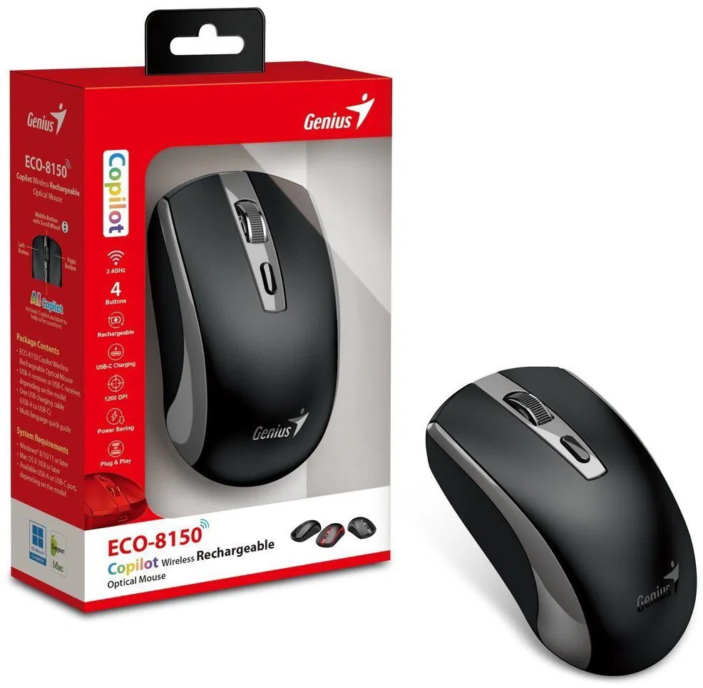 MOUSE USB WIRELESS RECARGABLE ECO-8150 GRIS GENIUS 31030045402